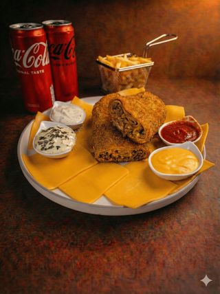 Pohovana palačinka mleveno meso + Pomfrit + Coca Cola 0.33l