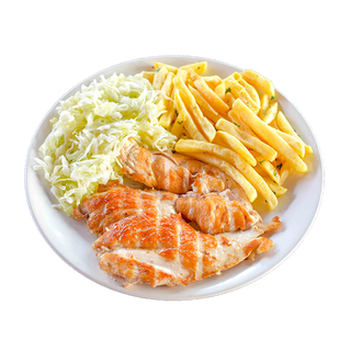 Meniu piept pui, cartofi prajiti si salata de varza