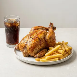 Pollo asado + patatas fritas + bebida