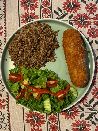 Chicken kiev with buckwheat and salad