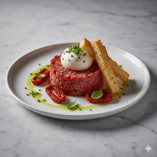 Tartare di manzo con burrata pomodori secchi pane croccante