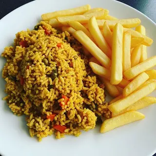 Pilau chips & Salad