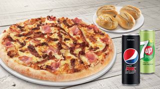 Pizza Familiar até 5 ingredientes + 4 Pães de Alho Simples + 2 Bebid
