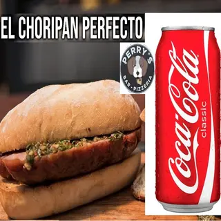 CHORIPAN CON CHIMICHURRI MAS LATA DE REFRESCO O CERVEZA
