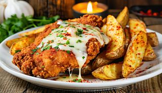 Пилешки късчета с топено сирене и пикантни картофки