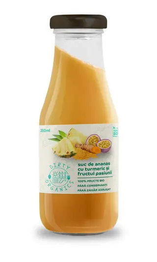 Suc bio de ananas cu fructul pasiunii si turmeric 250 ml