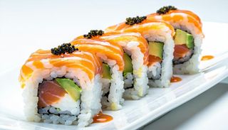 Uramaki niji salmon rolls