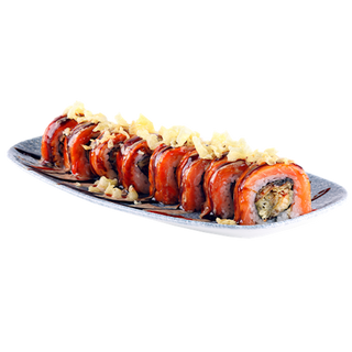 PREMIUM Uramaki z opalanym łososiem teriyaki i węgorzem w tempurze