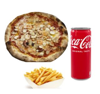 Frutti di mare con patatine fritte e bevanda a scelta