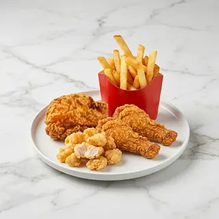 Chicken Thigh, 2 Drumsticks, French Fries M and  Popcorn Chicken