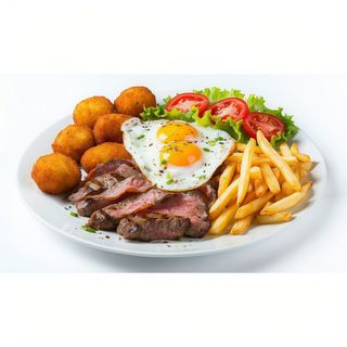 Lomo, Huevos Fritos, Croquetas De Jamón, Patatas Fritas, Tomate