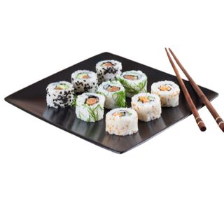  102 Uramaki de langostino frito con aguacate y salmón(8 pzs.)