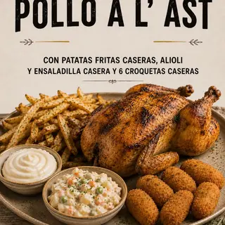 POLLO + PATATAS + 6 CROQUETAS + ENSALADILLA + ALIOLI-