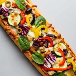 Baguette con mozzarella, zucchine, melanzane, peperoni, spinaci, radicchio, olive e salsa di pomodoro a parte