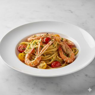 Linguine agli scampi con datterini gialli e rossi
