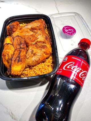 Jollof Rice, 2 Beef, 1 sausage, Plantain & Soda