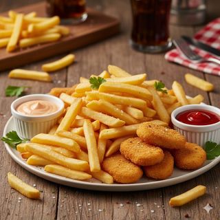 Patate fritte, nuggets, salse