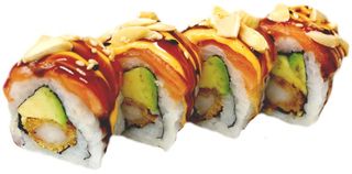 79. Uramaki Llagostí Arrebossat I Salmó Amb Alvocat I Ametlla Amb Maionesa Picant I Salsa Anguila (8 Uds.)