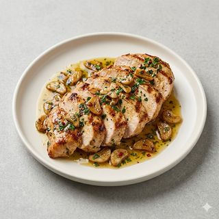 Ración de pechugas de pollo al ajillo
