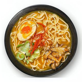 Ramen curry vegetal con shiitake, cebolleta, ito togarashi, nori y huevo