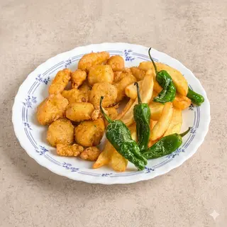 Sepia Rebozada Con Patatas Y Pimientos
