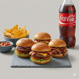 Mini burger da 4 pezzi + tortillas + salsa tortillas + bibita 450 ml