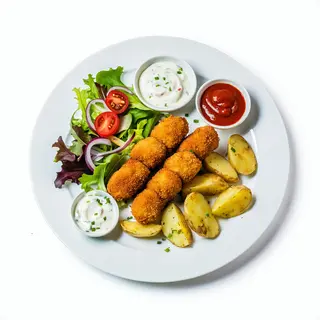 Croquetas Con Papas Fritas Y Ensalada