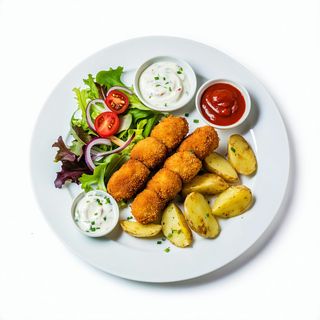 Croquetas de atún (12 uds.), papas y ensalada