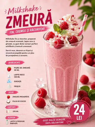 Milkshake de zmeură proaspătă 250ml