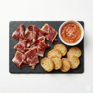 Paleta ibérica con tomate rallado y sus tostitas de pan