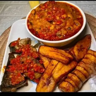 Plantains with Titus fish and Nigerian beans 