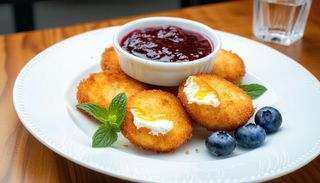 Топени сиренца със сладко от боровинки (