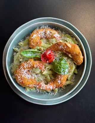 Al pesto aux crevettes panées