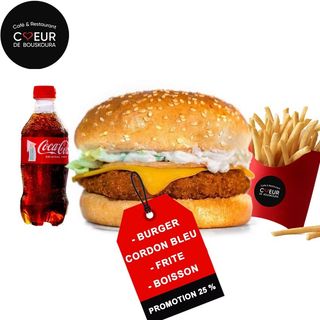 Burger Chicken Cordon Bleu avec frits, boisson gratuit 