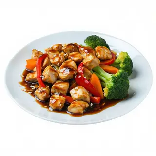 Dados de pollo con salsa yakitori y verduras
