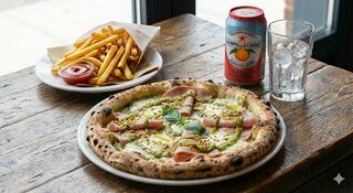 Menu pizza pistacchio, patatine, bibita in lattina