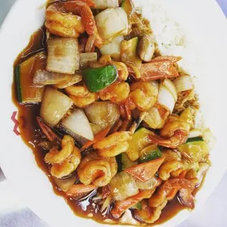 Wok de gamba con arroz 
