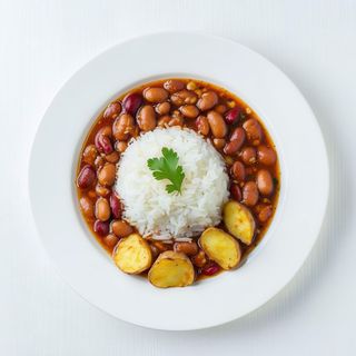 Frijoles Caldoso, Arroz, Patatas Fritas, + Carne + Bebida