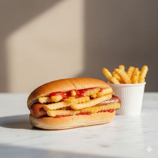 Panino con patatine e wurstel