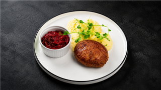 Zestaw 14 + Zupa. Kotlet mielony z ziemniakami puree i buraczkami zasmażanymi
