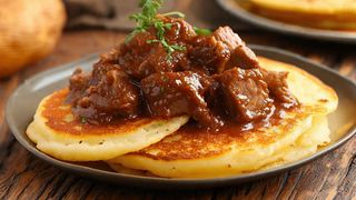 Placki ziemniaczane z gulaszem wieprzowym, zupa