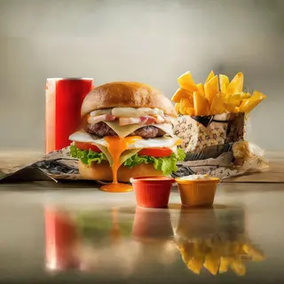 Hamburguesa De La Casa Con Patatas Caseras Y Bebida