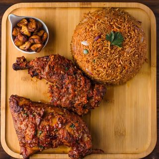 Jollof rice/Fried rice + plantain + Turkey
