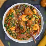 Okra Kpanla Plus: Okra + Kpanla + Beef + Kpomo + Pounded Yam