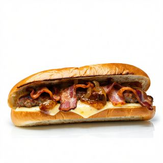 Bocadillo De Pincho Con Bacon, Queso Y Cebolla