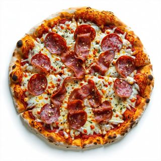 Pizza rossa salsiccia, salame piccante, pancetta