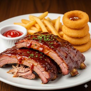 Pork ribs con patatine e anelli di cipolla