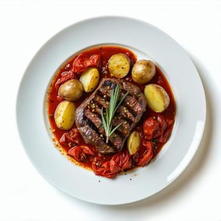 Petto di bovino con patate e pomodoro stufato