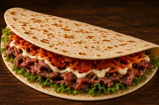 Piadina xxl carne, insalata, carota, pomodoro e cipolla