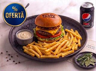 Oferta Meniu Burger Tasty + Cartofi Prajiti + Pepsi 0.330ml + sos de usturoi
